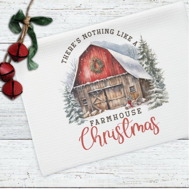 Farmhouse Christmas Red Barn Christmas  Kitchen Towel (Creator Uploaded)