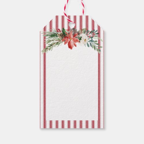 Farmhouse Christmas Red Ticking Stripe Floral Back Gift Tags