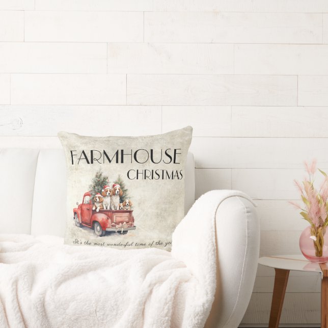 Farmhouse Christmas Red Truck Dogs Rustic Throw Pillow (Couch)