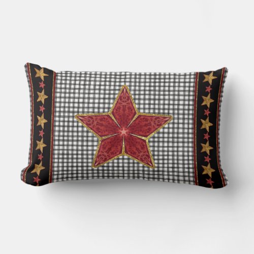 Farmhouse Christmas Star Art Ticking Stripe Plaid Lumbar Pillow