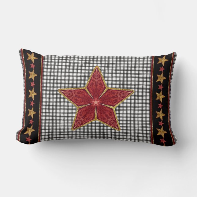 Farmhouse Christmas Star Art Ticking Stripe Plaid Lumbar Pillow (Front)