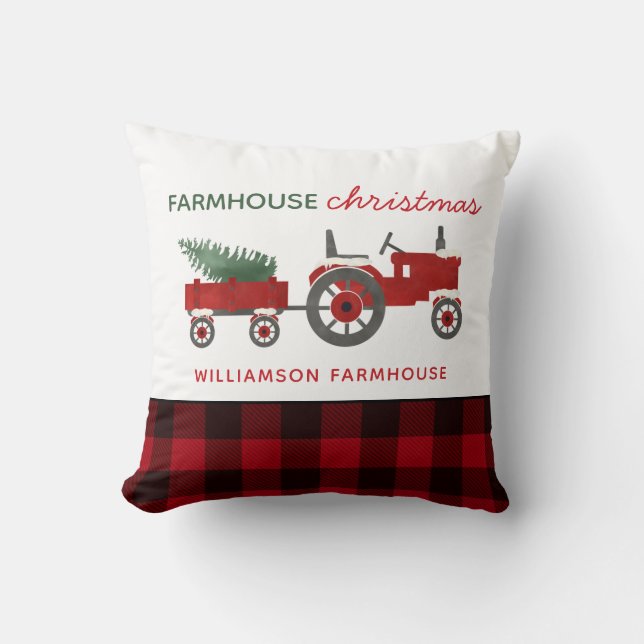 Farmhouse Christmas Tractor and Tree Plaid  Throw Pillow (Front)