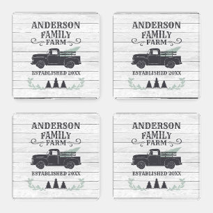 Farmhouse Christmas Tree Family Farm Personalized Coaster Set