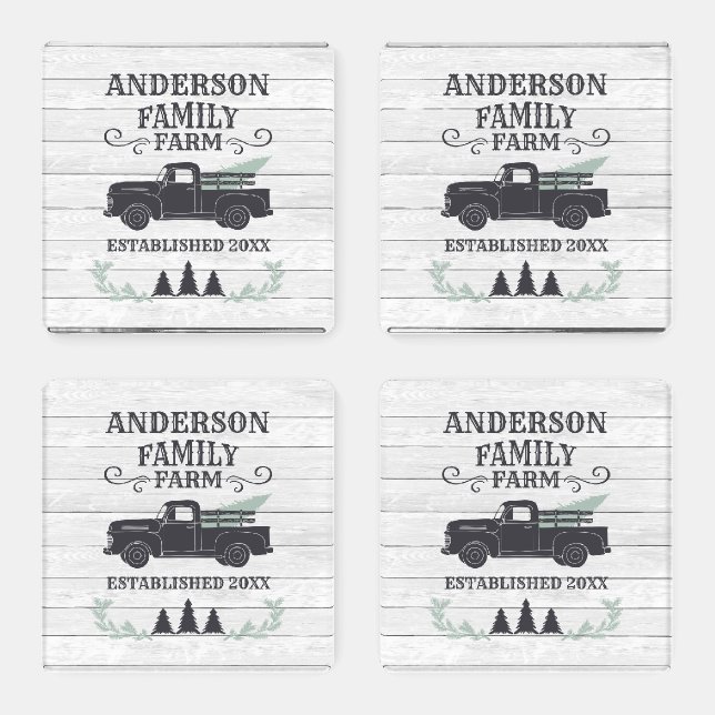 Farmhouse Christmas Tree Family Farm Personalized Coaster Set (Set)