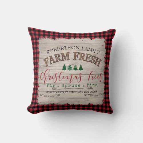 Farmhouse Christmas Tree Farm Buffalo Plaid Family Throw Pillow
