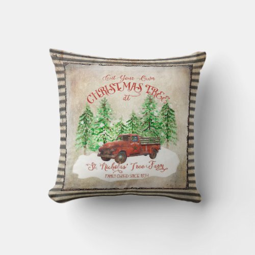 Farmhouse Christmas Tree Farm Red Truck Vintage Throw Pillow