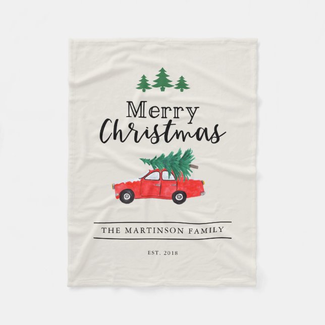 Farmhouse Christmas | Tree on Red Car Fleece Blanket (Front)