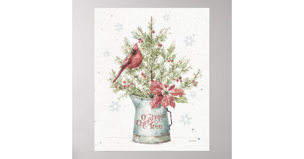 Farmhouse Christmas Tree with Cardinal Poster | Zazzle