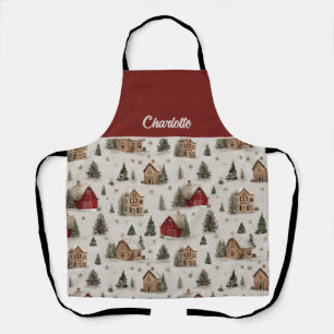 Farmhouse Christmas Village with Snowy Cottages Apron
