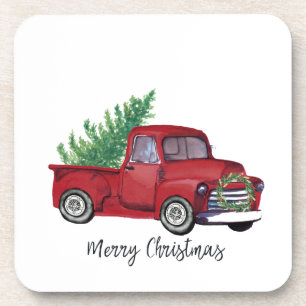 Farmhouse Christmas watercolor red truck Beverage Coaster