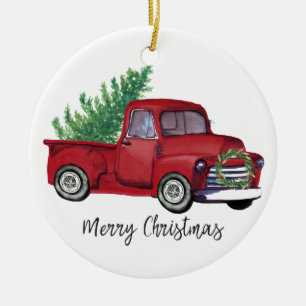 Farmhouse Christmas watercolor red truck Ceramic Ornament