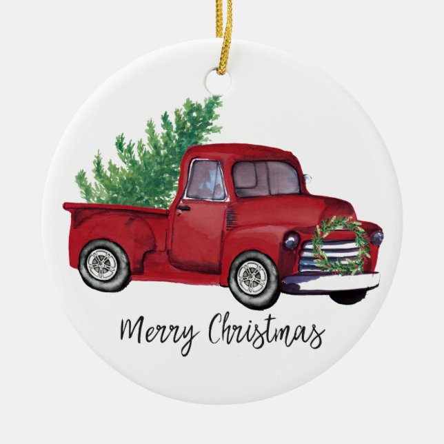Farmhouse Christmas watercolor red truck Ceramic Ornament (Front)