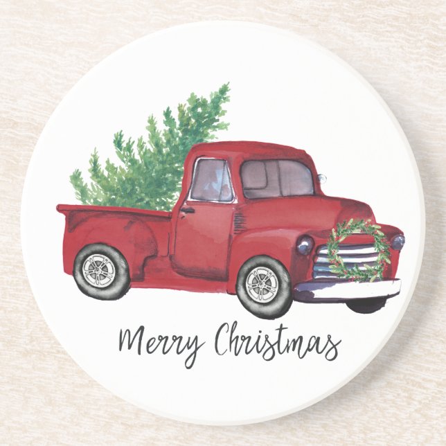 Farmhouse Christmas watercolor red truck Coaster (Front)