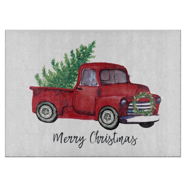 Farmhouse Christmas watercolor red truck Cutting Board (Front)