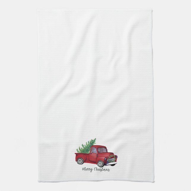 Farmhouse Christmas watercolor red truck Kitchen Towel (Vertical)