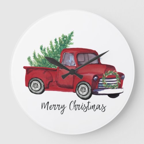 Farmhouse Christmas watercolor red truck Large Clock