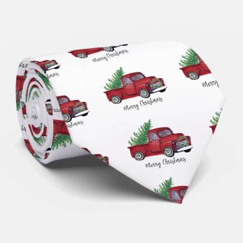 Farmhouse Christmas watercolor red truck Neck Tie