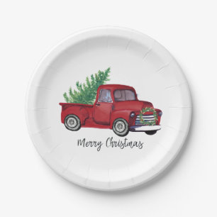 Farmhouse Christmas watercolor red truck Paper Plates