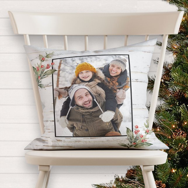 Farmhouse Christmas Winter Berry Photo Throw Pillow (Creator Uploaded)