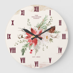 Farmhouse Christmas Winter Poinsettia Rustic Large Clock