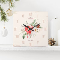 Farmhouse Christmas Winter Poinsettia Rustic Square Wall Clock