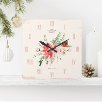 Farmhouse Christmas Winter Poinsettia Rustic Square Wall Clock