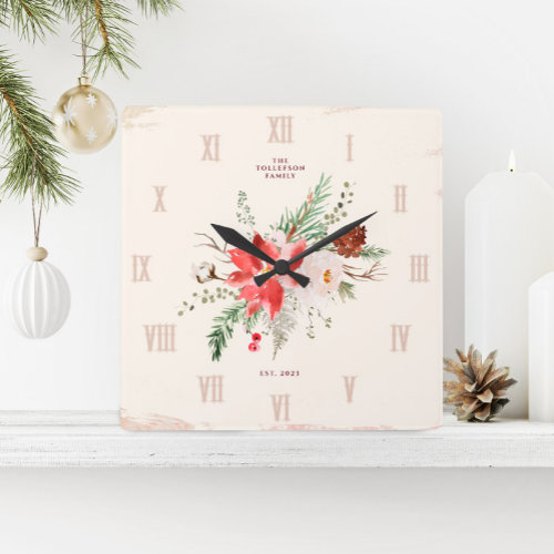 Farmhouse Christmas Winter Poinsettia Rustic Square Wall Clock