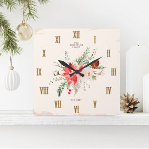 Farmhouse Christmas Winter Poinsettia Rustic Square Wall Clock