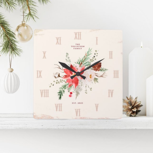 Farmhouse Christmas Winter Poinsettia Rustic Square Wall Clock (Christmas Clock - Rustic Vintage Farmhouse Poinsettia & Winter Greenery)