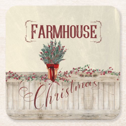 Farmhouse Christmas with Berries and Garlands Square Paper Coaster