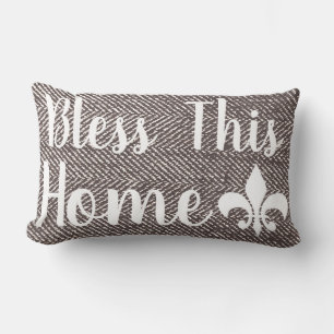 Farmhouse Coffee Brown Herringbone Bless This Home Lumbar Pillow