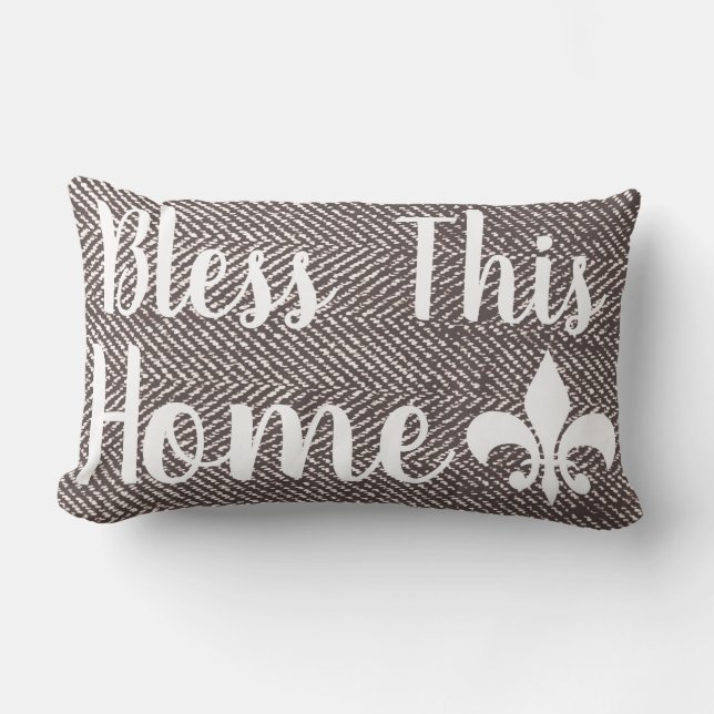 Farmhouse Coffee Brown Herringbone Bless This Home Lumbar Pillow (Front)