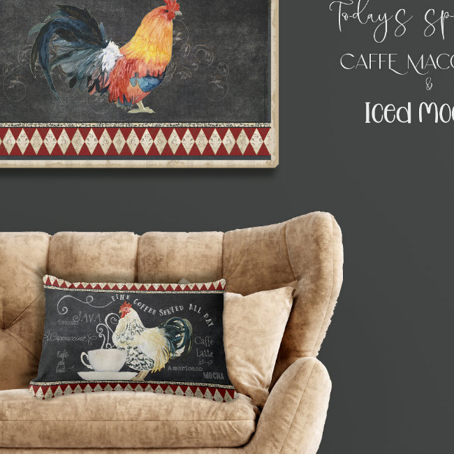 Farmhouse Coffee Kitchen Rooster Chalk Red Black Lumbar Pillow