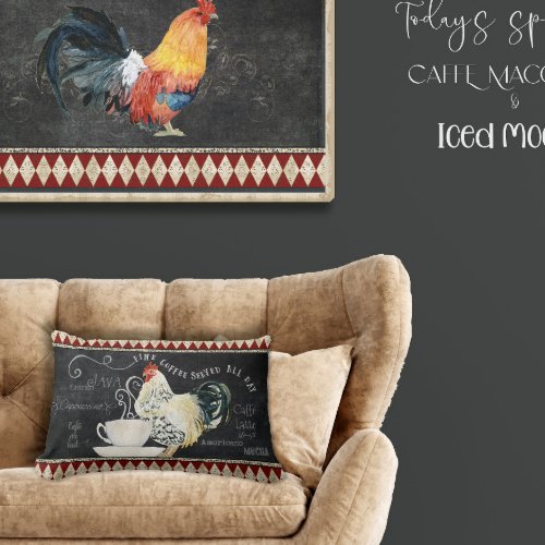Farmhouse Coffee Kitchen Rooster Chalk Red Black Lumbar Pillow