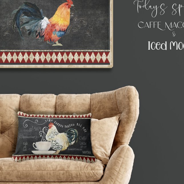 Farmhouse Coffee Kitchen Rooster Chalk Red Black Lumbar Pillow (Creator Uploaded)
