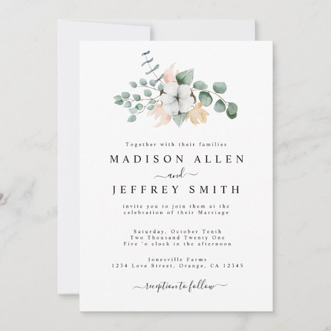Farmhouse Cotton Eucalyptus Wedding Invitation (Front)