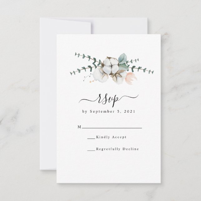Farmhouse Cotton Eucalyptus Wedding RSVP Card (Front)