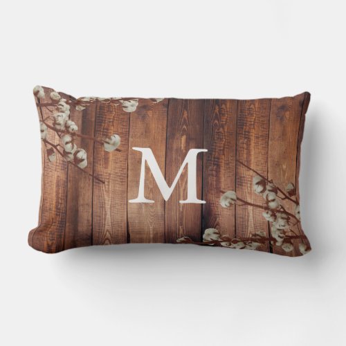 Farmhouse Cotton Flowers Dark Wood Plank Monogram Lumbar Pillow