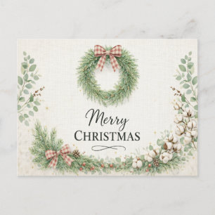 Farmhouse Cotton Wreath Merry Christmas  Holiday Postcard