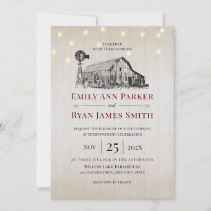 Farmhouse Country Barn Sketch and String Lights Invitation