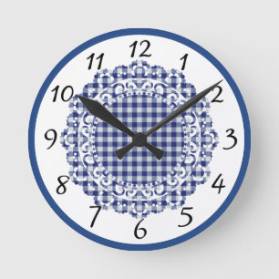 Farmhouse Country Blue Gingham Round Clock