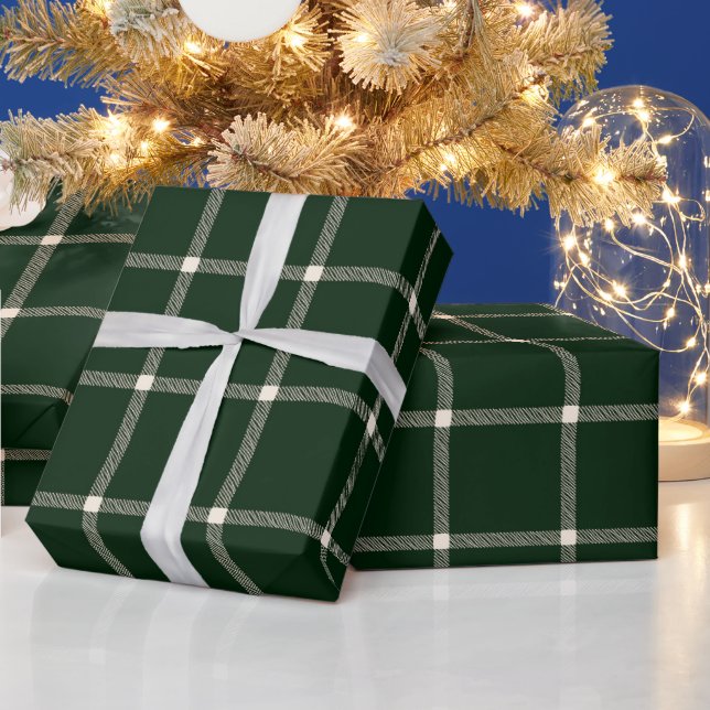 Farmhouse country hand drawn plaid dark pine green wrapping paper (Holidays)