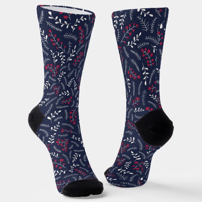 Farmhouse country navy blue foliage pattern cute socks (Angled)