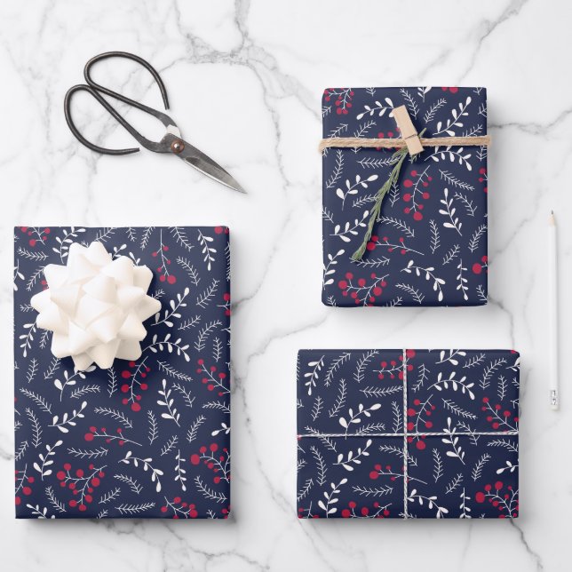 Farmhouse country navy blue foliage pattern cute wrapping paper sheets (Front)