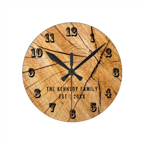 Farmhouse Country Style Family Name Tree Trunk Round Clock