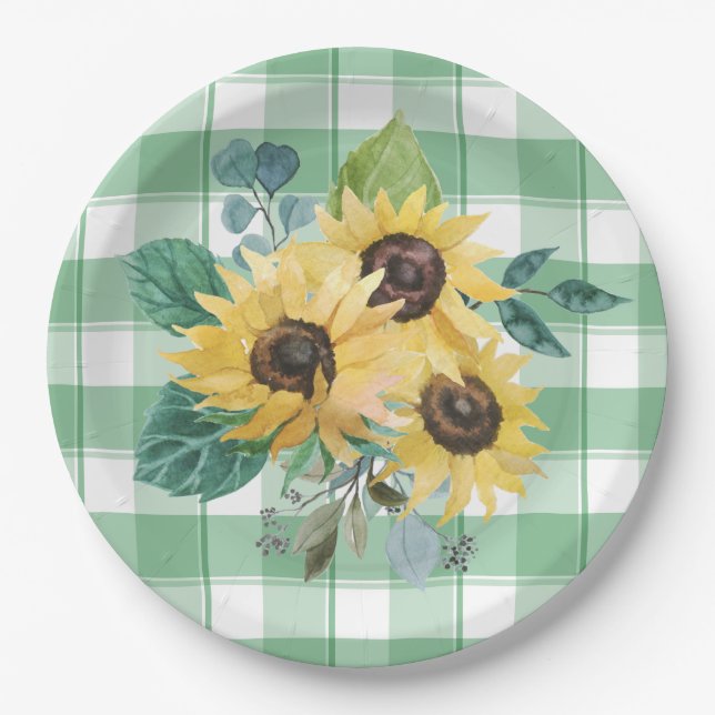 Farmhouse Country Sunflower Green Checks  Paper Plates (Front)