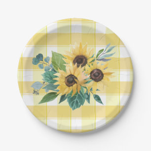 Farmhouse Country Sunflower Yellow Checks Paper Plates