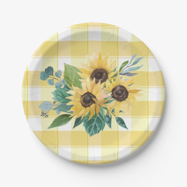 Farmhouse Country Sunflower Yellow Checks Paper Plates (Front)