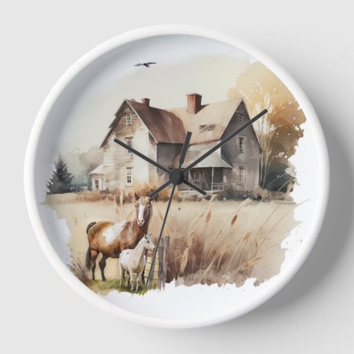 Farmhouse country watercolor farm animals kitchen clock