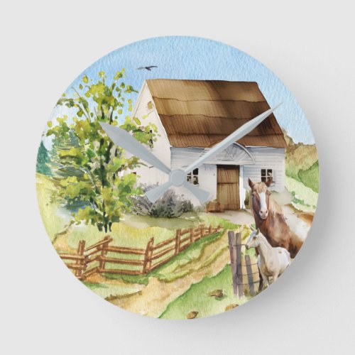 Farmhouse country watercolor winding road round clock